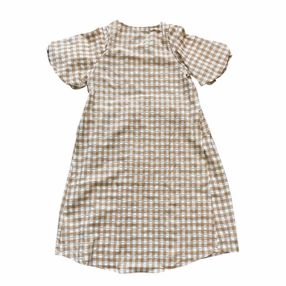 Moon River Gingham Plaid Dress M Tan Puff Sleeve Ruffle Prairie Cottagecore NWT - Picture 4 of 8